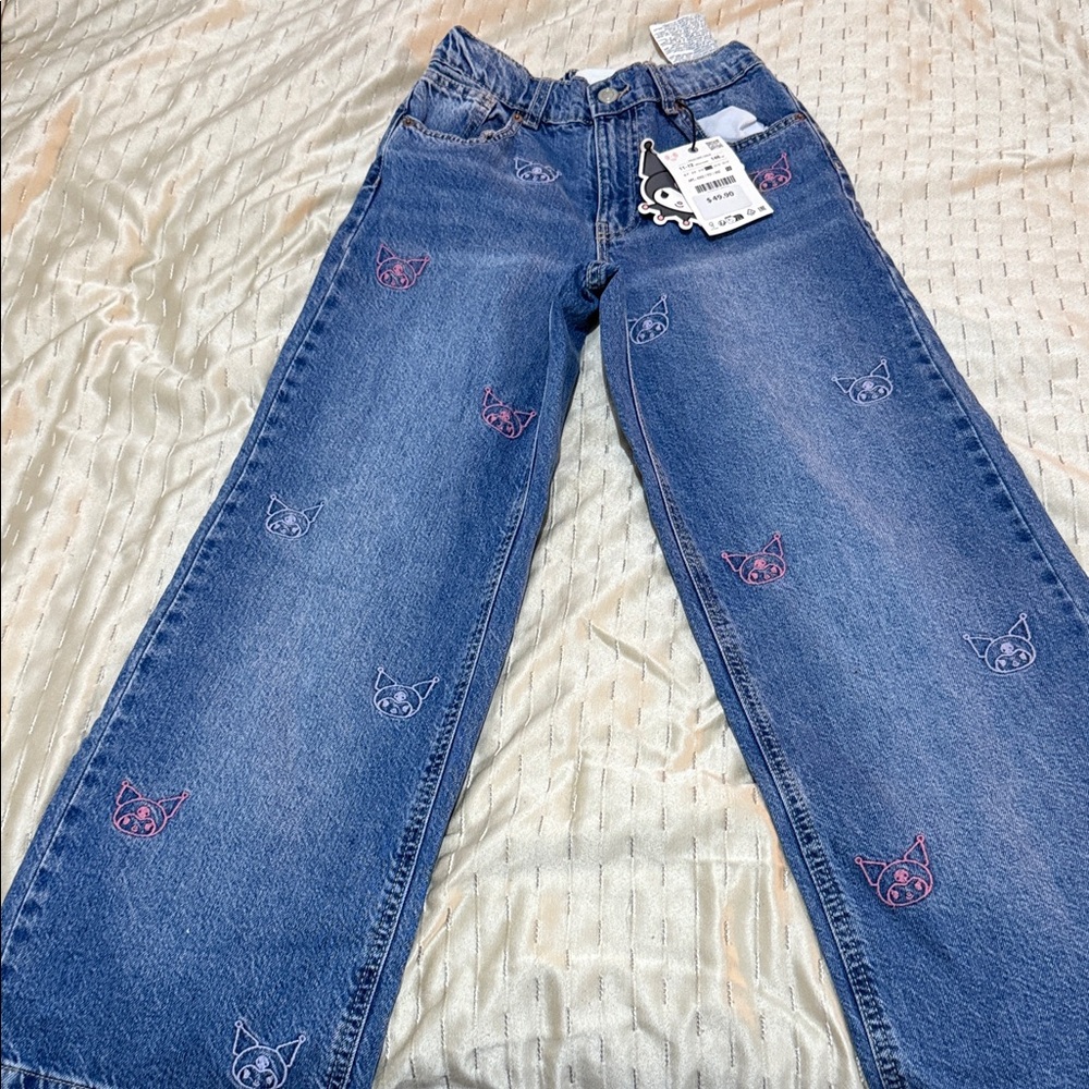 Zara Blue Wide Leg Jeans with Cat Design